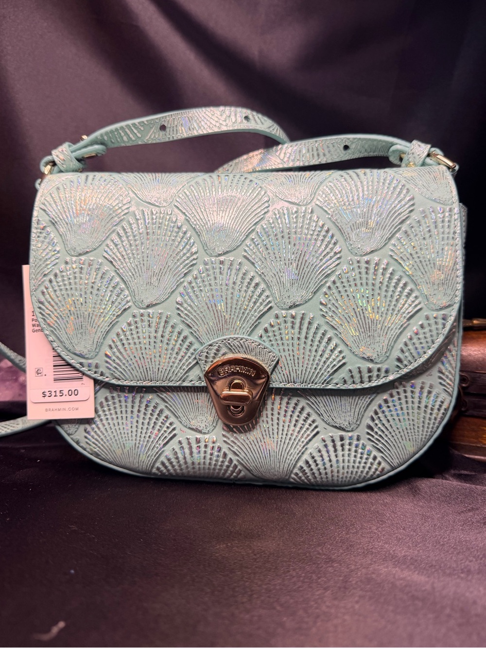 Brahmin Portia. Waterfall Tides. Seashell-Embossed Crossbody Bag in Light Aqua
